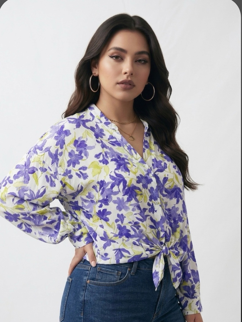 CeCe White Button-Front Blouse with Purple Floral and Yellow Leaf Pattern